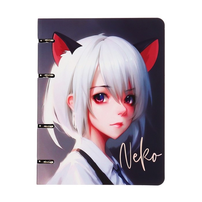 Тетрадь на кольцах А5, 100 листов в клетку Meshu Neko, обложка мелованный картон, матовая ламинация, тиснение фольгой