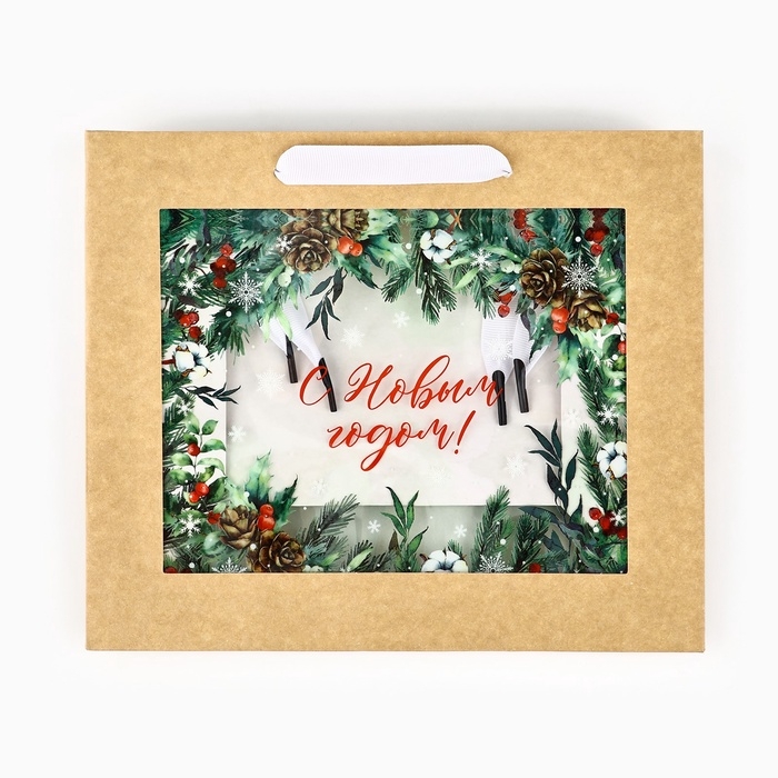 Пакет подарочный новогодний крафтовый с пластиковым окном &laquo;Новогодняя пора&raquo;, 24 х 20 х 11см