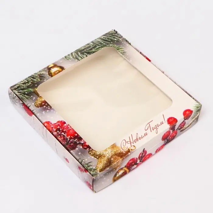 Подарочная коробка сборная с окном «Новогодние веточки», 16×16×3 см Подарочная коробка сборная с окном «Новогодние веточки», 16×16×3 см