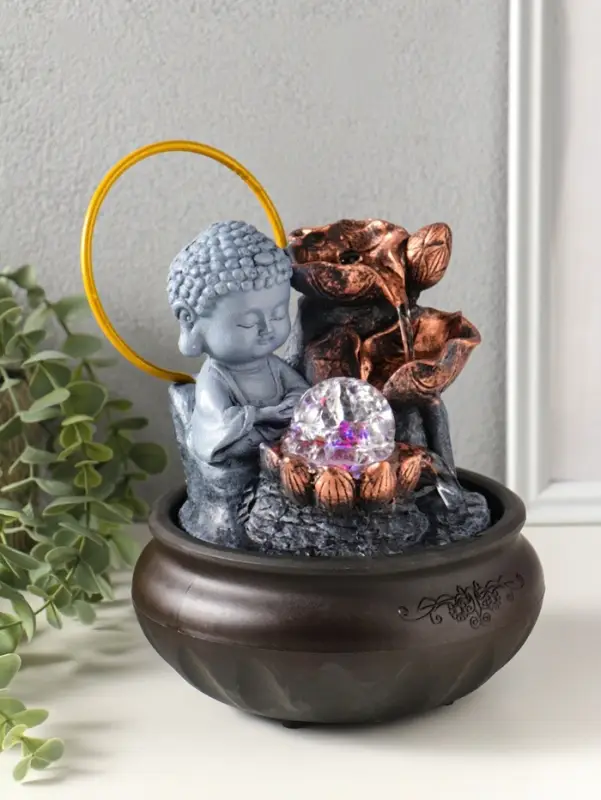 Фонтан настольный от сети, подсветка "Будда с лотосами - благополучие" 16х16х22 см