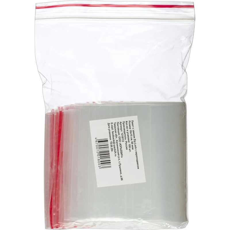 Пакет с замком (Zip Lock) с европодвесом 10 х 15 см, 60 мкм, 100 шт/уп