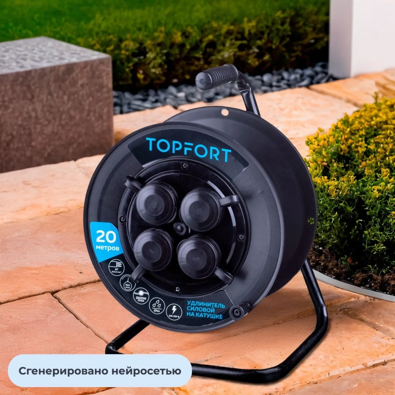 Удлинитель Topfort пласт. КГ 3x2,5 кв.мм 20м 16А 4 гнезда с/з.,с/загл.,IP44