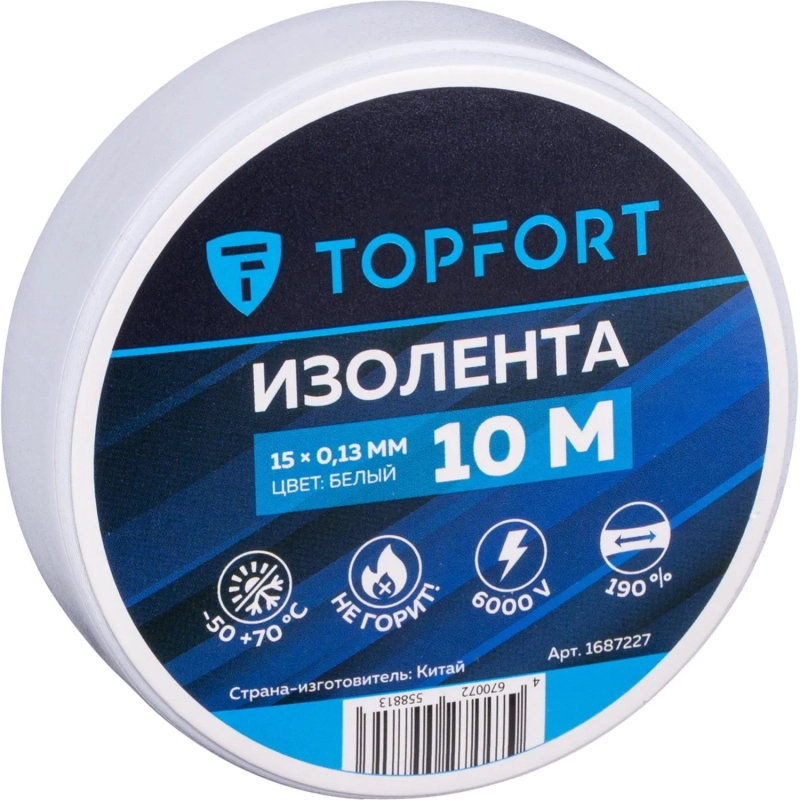 Изолента Topfort 15мм х 10м х 0,13мм белый