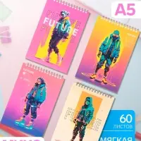 Блокнот А5, 60 листов, на гребне, обложка из мелованного картона, плотность 60 г/м&sup2;, МИКС