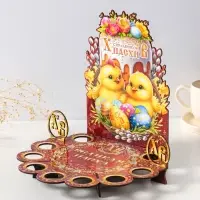 Подставка пасхальная для кулича и 9 яиц красная "Цыплята". 26,5х22х25 см,  под кулич: 15,5 см 109883