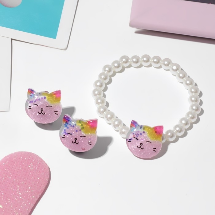 Набор детский «Выбражулька» 2 предмета: клипсы, браслет, котик, цветной Набор детский «Выбражулька» 2 предмета: клипсы, браслет, котик, цветной