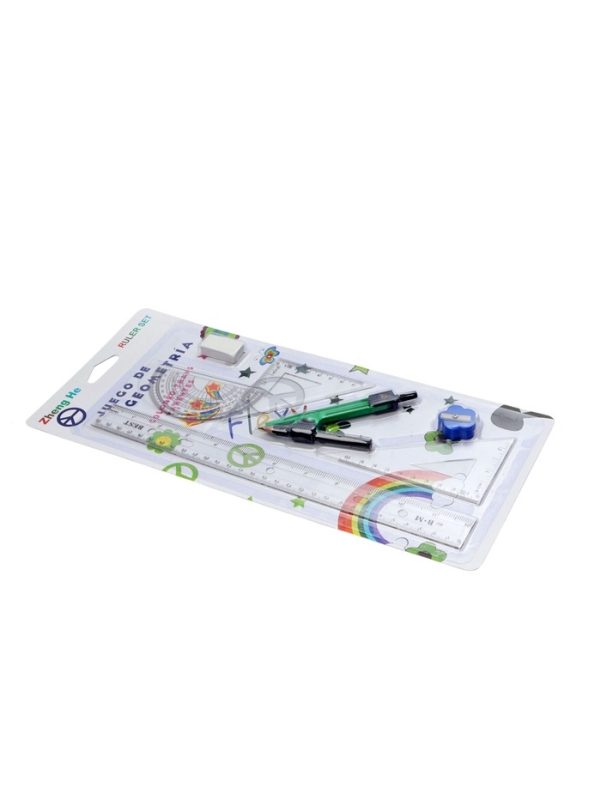 Набор геометрический: линейка 30 см, 2 угольника, транспортир, точилка, ластик, циркуль Набор геометрический: линейка 30 см, 2 угольника, транспортир, точилка, ластик, циркуль