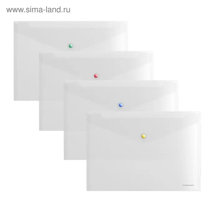 Папка-конверт на кнопке А4, 160 мкм, ErichKrause Glossy Clear, глянцевая, с цветной кнопкой, прозрачная, микс