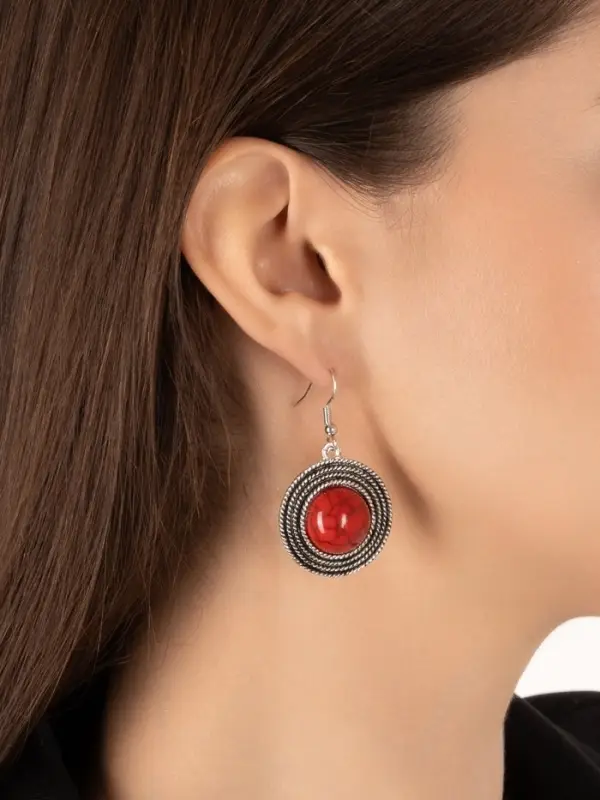 Серьги &laquo;Круг&raquo;, винтаж, красные в чернённом серебре