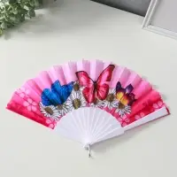 Веер пластик, текстиль "Ромашки и бабочки" МИКС широкие лопасти 23 см