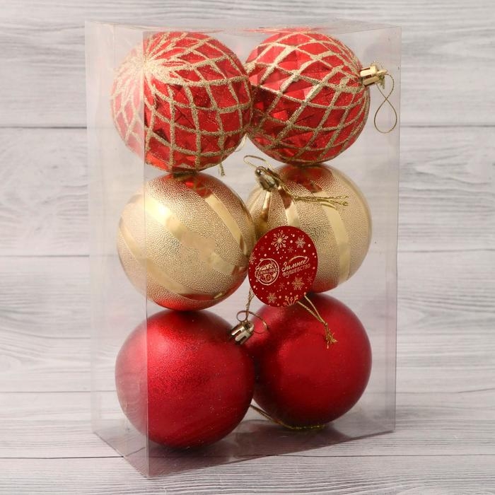 Набор шаров пластик d- 8 см, 6 шт Набор шаров пластик d- 8 см, 6 шт "Беата сеточка" золотисто-красный