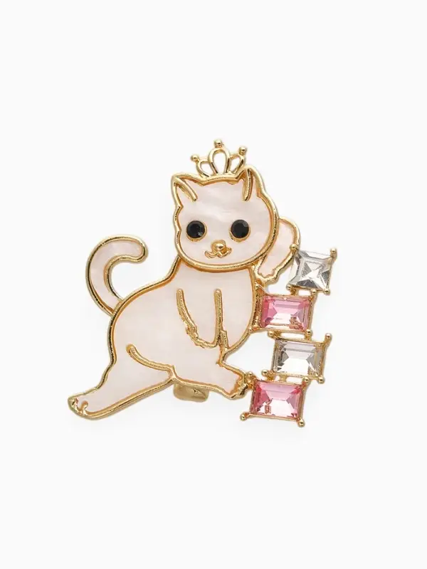 Брошь  Брошь "Кошечка" в короне, бело-розовая в золоте