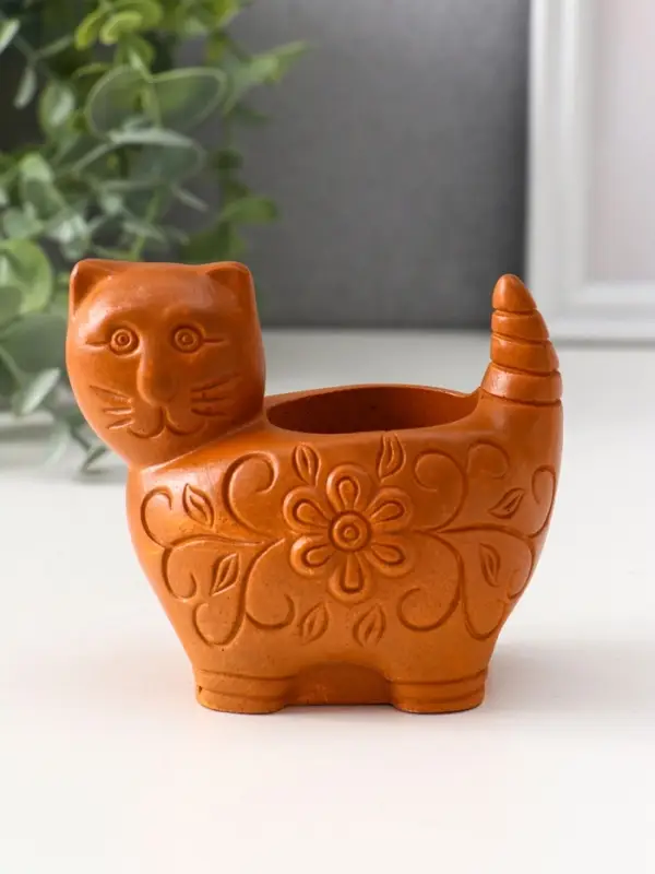Подсвечник «Кошка с орнаментом», 8.5×9.5×6.5 см, красная глина