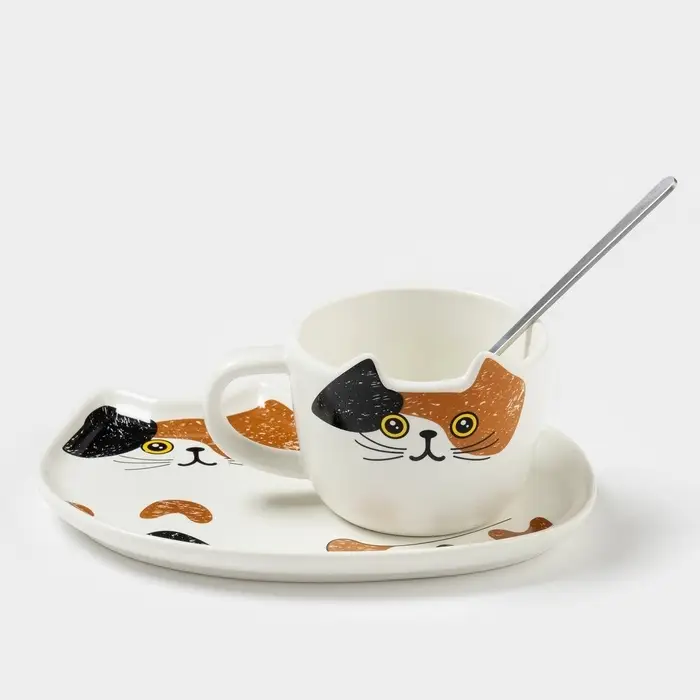 Чайная пара &laquo;Котик&raquo;, 3 предмета: чашка 200 мл, блюдце 18.8&times;13.6 см, ложка, керамика, белая