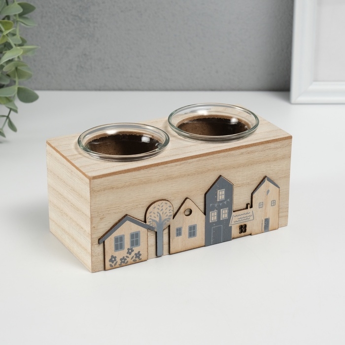 Подсвечник дерево на 2 свечи  Подсвечник дерево на 2 свечи "Домики" d=4 см 7,7х15,5х8 см