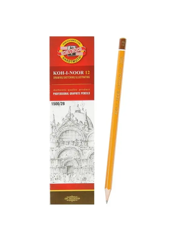 Карандаш чернографитный 2.0 мм, Koh-I-Noor 1500 2B, профессиональный, L=175 мм