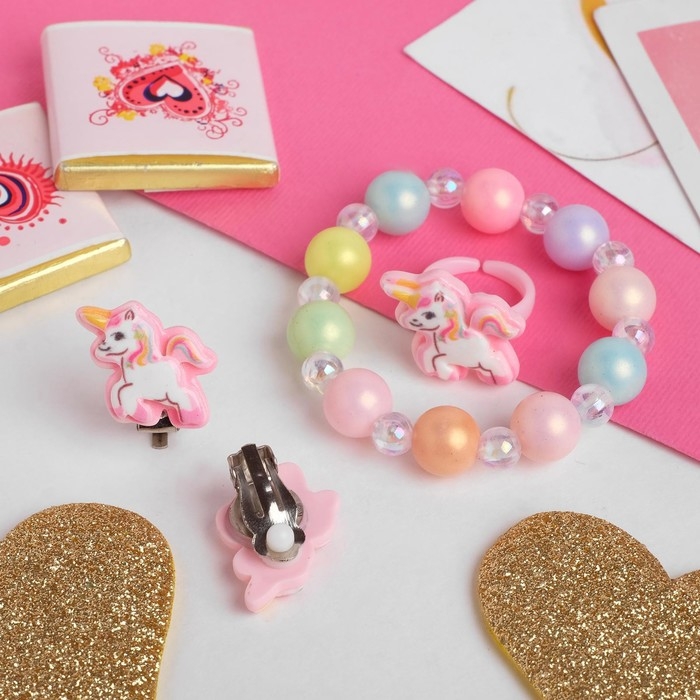 Набор детский «Выбражулька» 3 предмета: клипсы, браслет, кольцо, единороги, цветной Набор детский «Выбражулька» 3 предмета: клипсы, браслет, кольцо, единороги, цветной