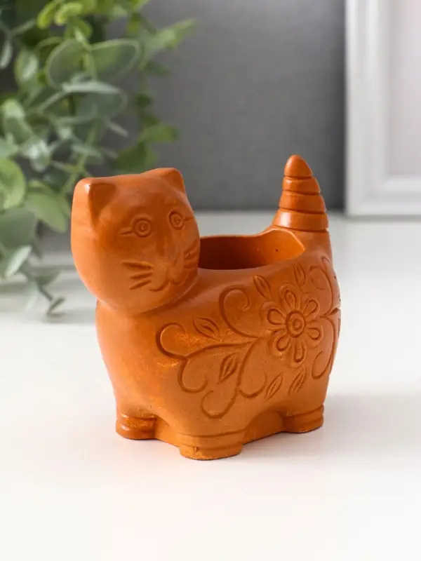 Подсвечник «Кошка с орнаментом», 8.5×9.5×6.5 см, красная глина