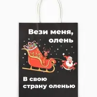 Пакет бумажный подарочный новогодний крафт, &laquo;Вези меня&raquo;, 27&times;21&times;11 см