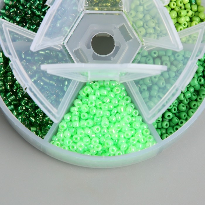 Бисер стекло 8/0 (3 мм) в шкатулке  Бисер стекло 8/0 (3 мм) в шкатулке "Зелёный" 6 цветов х 10  гр 8х8х2 см