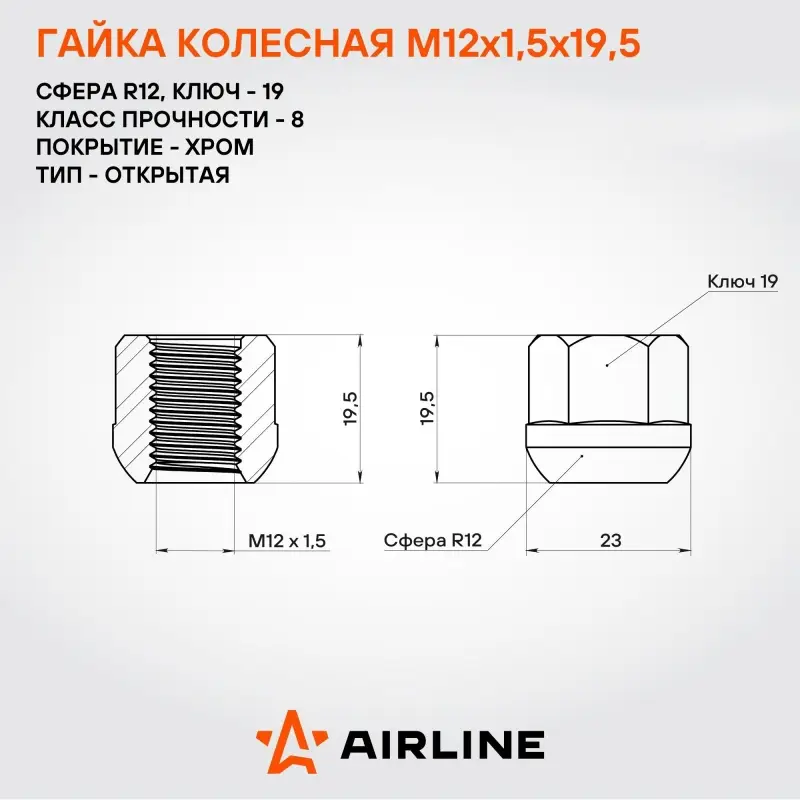 Гайка колесная M12x1,5x19,5, сфера R12, ключ 19, открытая, хром, 1 шт для Honda