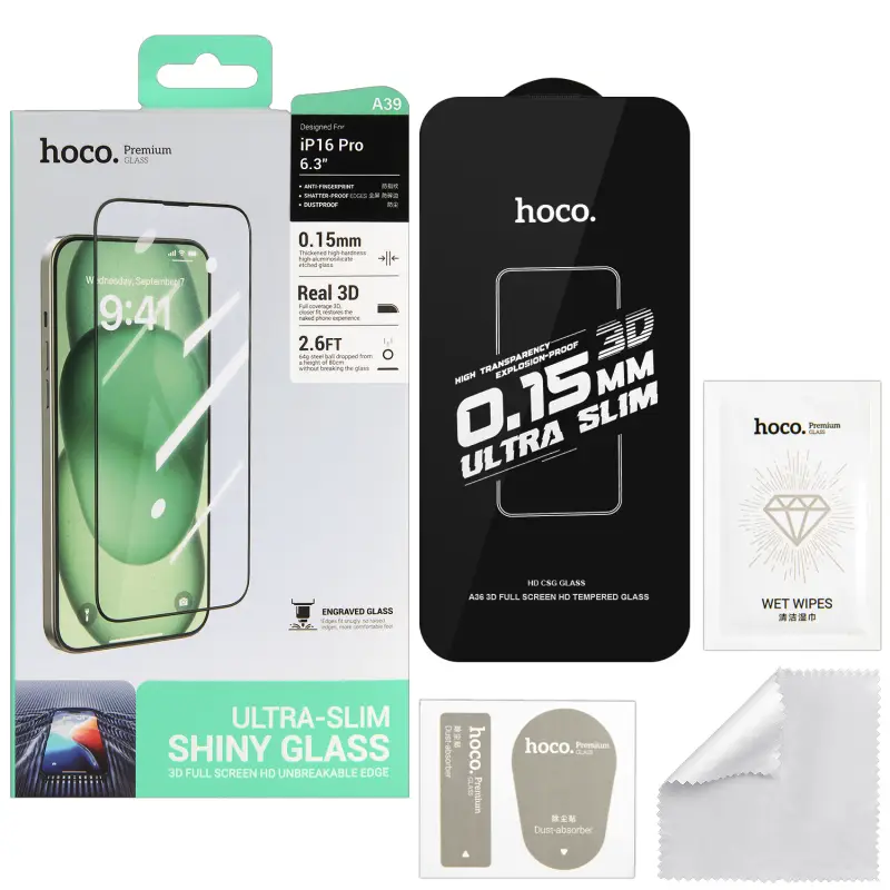 Защитное стекло iPh 16 Pro 3D HD 0.15mm A39 HOCO Защитное стекло iPh 16 Pro 3D HD 0.15mm A39 HOCO