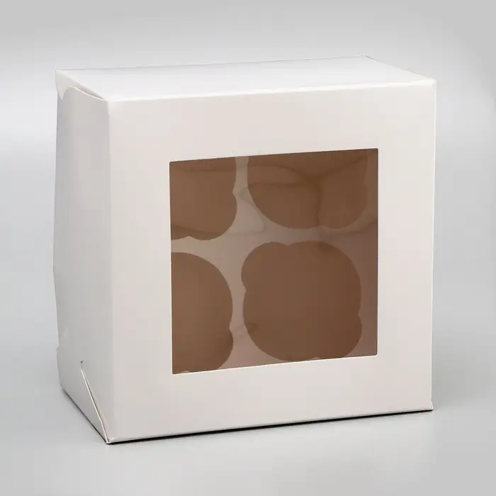 Коробка для 4 капкейка с окном, белая, 16×16×10 см