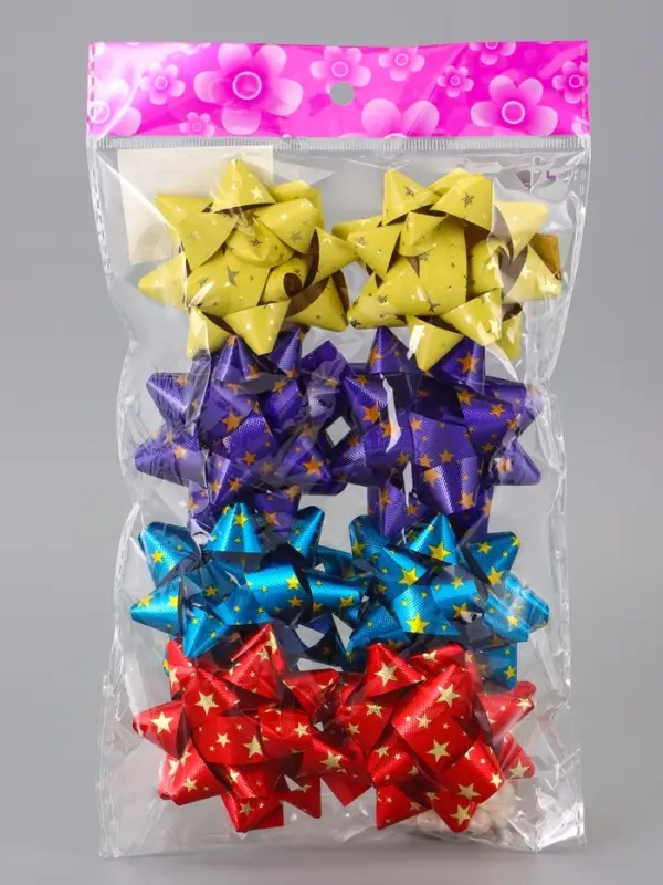 Подарочный Бант - звезда №7.5, металлик с рисунком, для упаковки подарков, набор 8 шт., МИКС