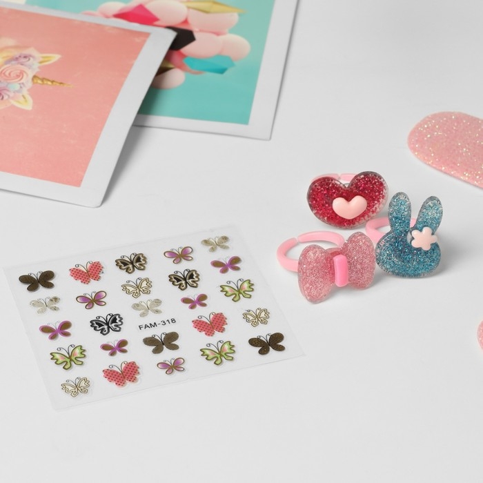 Комплект детский «Выбражулька» 4 предмета: 3 кольца, наклейки на ногти, форма МИКС, цветной Комплект детский «Выбражулька» 4 предмета: 3 кольца, наклейки на ногти, форма МИКС, цветной