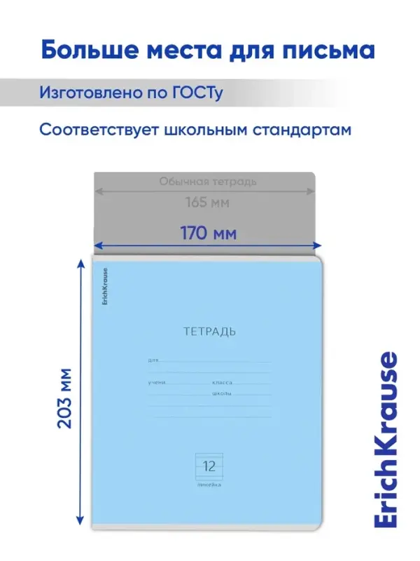 Тетрадь 12 листов в линейку ErichKrause &laquo;Классика&raquo;, обложка мелованный картон, блок офсет, белизна 100%, голубая