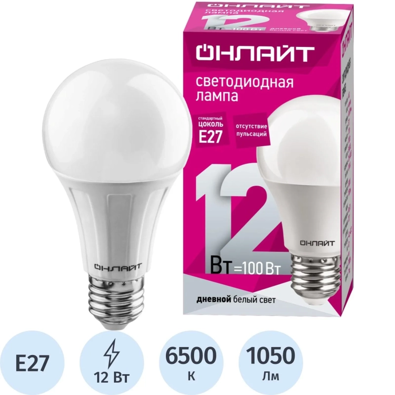 Лампа светодиодная ОНЛАЙТ OLL-A60-12-230-6.5K-E27 12Вт Е27 6500К 61141