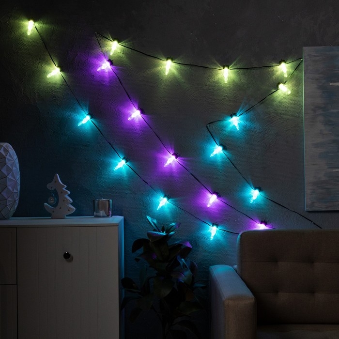 Умная гирлянда «Нить» 6 м с насадками «Лампочки с шишками», IP20, тёмная нить, 20 LED, свечение RGB, USB Умная гирлянда «Нить» 6 м с насадками «Лампочки с шишками», IP20, тёмная нить, 20 LED, свечение RGB, USB