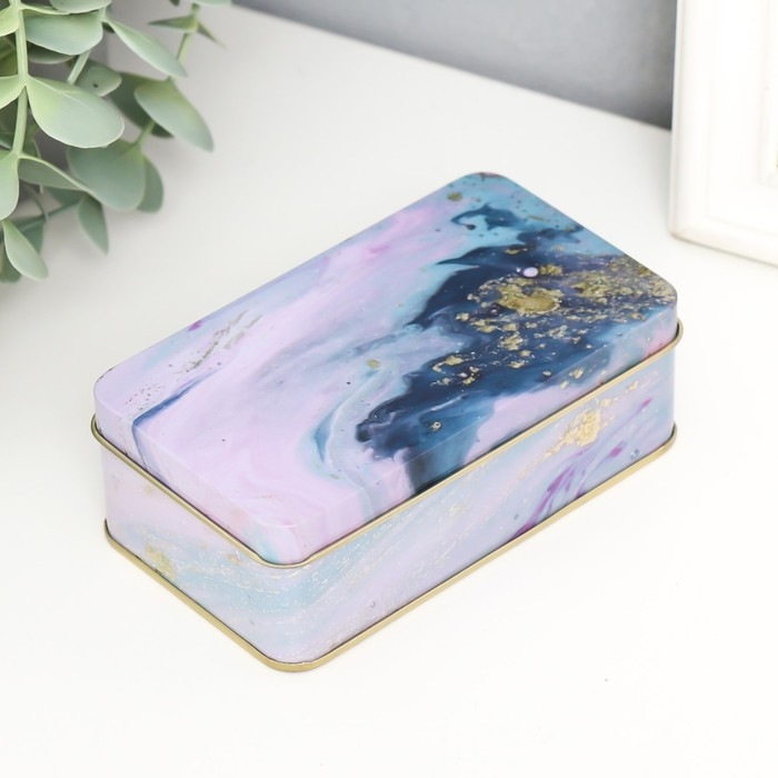Шкатулка металл прямоугольная "Цветной мрамор с золотыми трещинками" МИКС 6,5х3,8х11,5 см