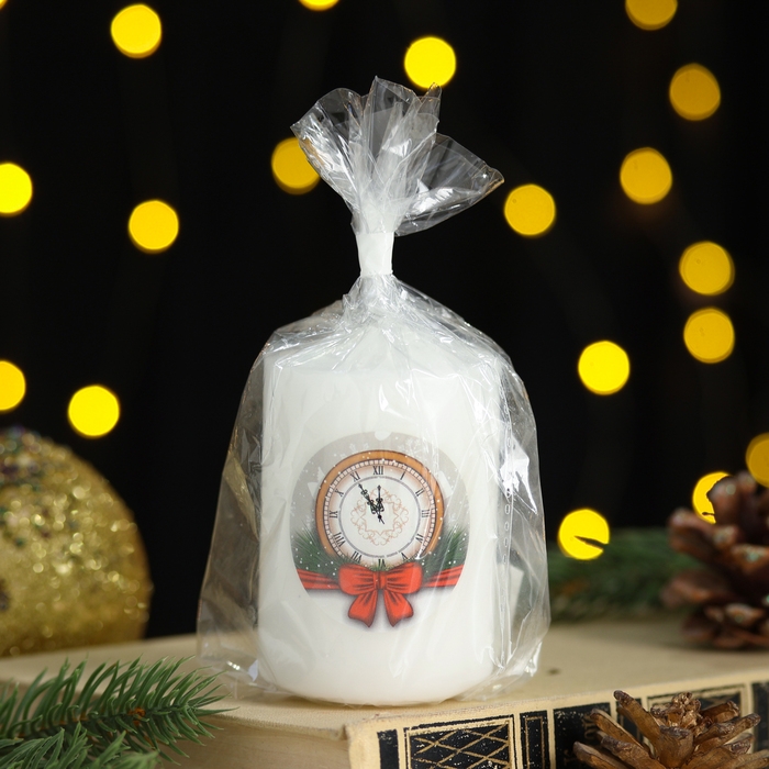 Новый год Свеча столбик с рисунком "Новогодние мотивы" 50*80 мм, Часы