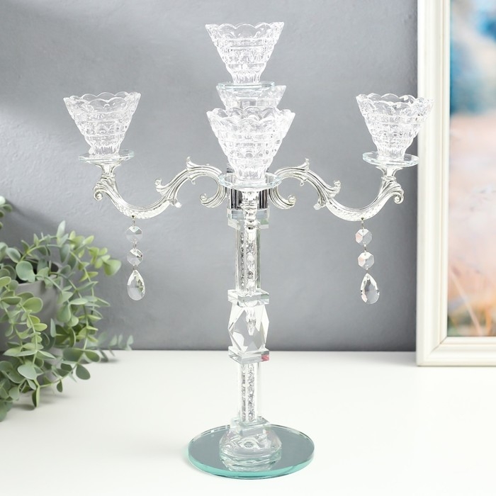 Подсвечник стекло на 5 свечей Подсвечник стекло на 5 свечей "Канделябр с хрусталиками" бисер в ножке 32х32х39,5 см