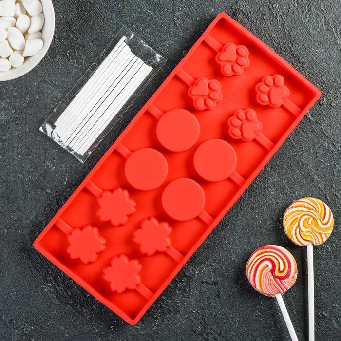 Форма для леденцов Доляна «Вкусная сладость», силикон, 26,5×11,5 см, 12 ячеек (d=3,5 см), с палочками, цвет МИКС Форма для леденцов Доляна «Вкусная сладость», силикон, 26,5×11,5 см, 12 ячеек (d=3,5 см), с палочками, цвет МИКС