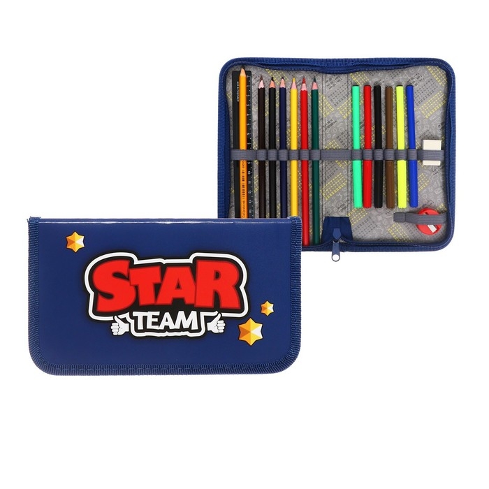 Пенал 1 секция, 115 х 205 мм, с наполнением 16 предметов, Calligrata Пенал 1 секция, 115 х 205 мм, с наполнением 16 предметов, Calligrata "Stars team" ламинированный картон, 30П26/set