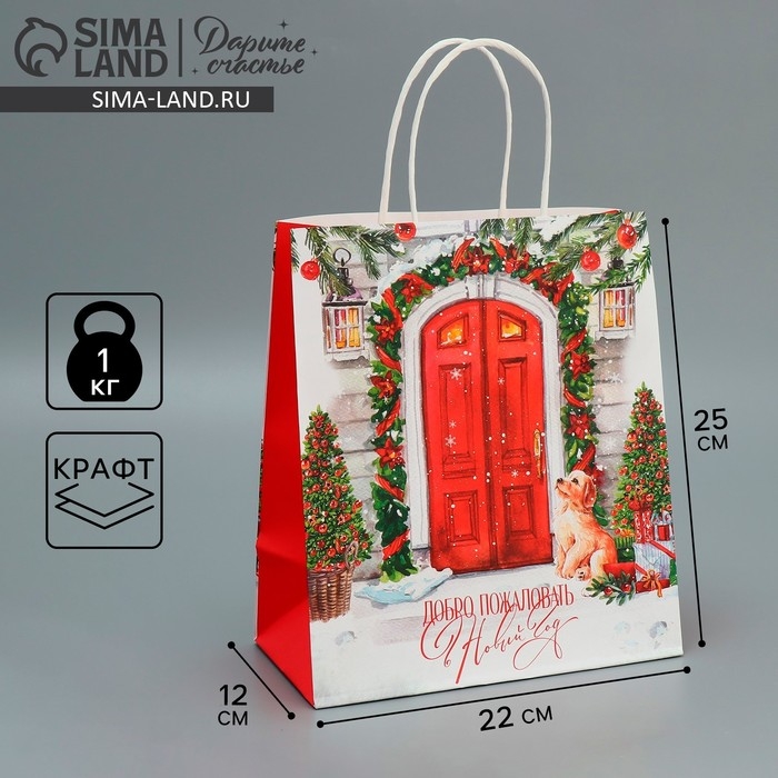 Пакет подарочный новогодний крафтовый «Добро пожаловать», 22 х 25 х 12 см, Новый год