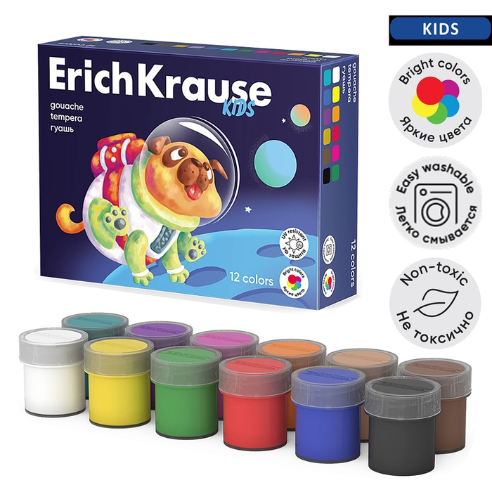 Гуашь 12 цветов х 20 мл, ErichKrause  Гуашь 12 цветов х 20 мл, ErichKrause "Kids Space Animals", с УФ защитой яркости, в коробке