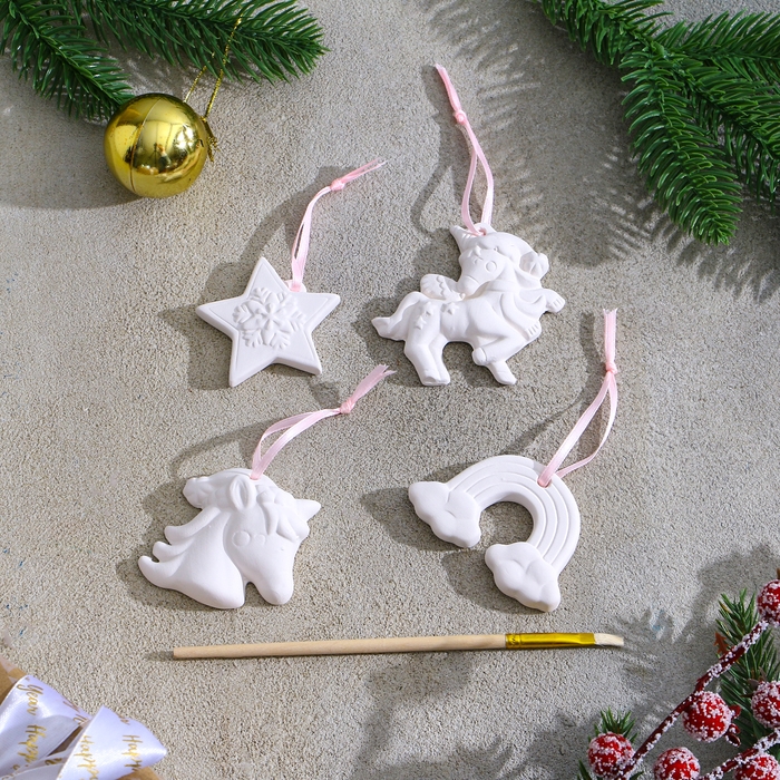 Новый год! Набор ёлочных украшений под раскраску 4 шт. «Единороги» с подвесом, кисть