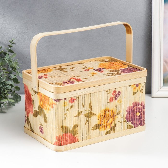 Шкатулка бамбук Шкатулка бамбук "Сад с пионами" прямоугольная, с ручками 16х18х28 см