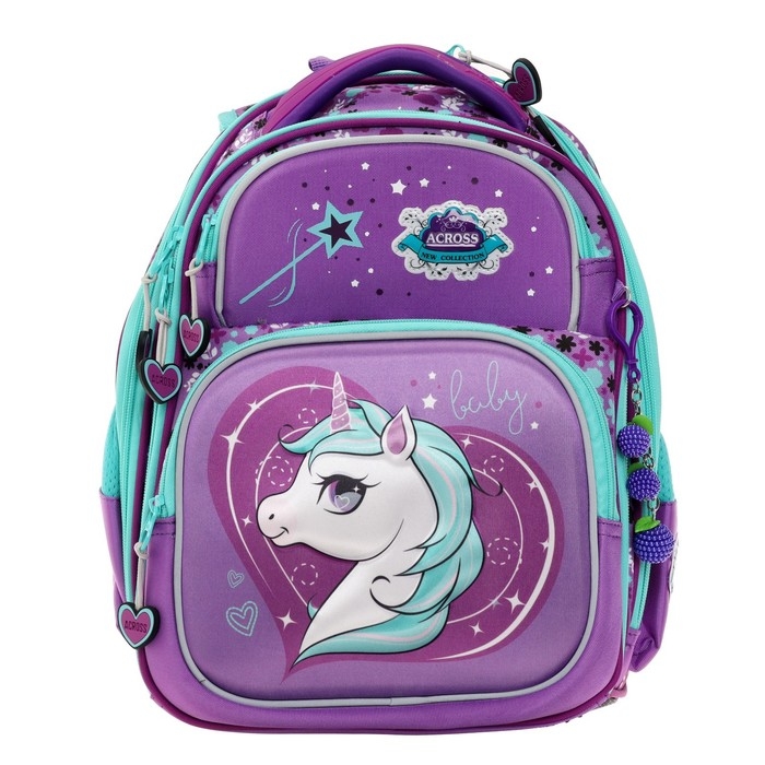 Рюкзак каркасный 35 х 28 х 15 см, Across, наполнение: мешок, пенал, брелок, фиолетовый Рюкзак каркасный 35 х 28 х 15 см, Across, наполнение: мешок, пенал, брелок, фиолетовый