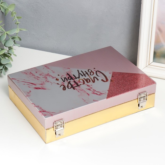 Шкатулка дерево  Шкатулка дерево "Счастье внутри. Розовый мрамор" кожзам глянец 5,5х24х17 см