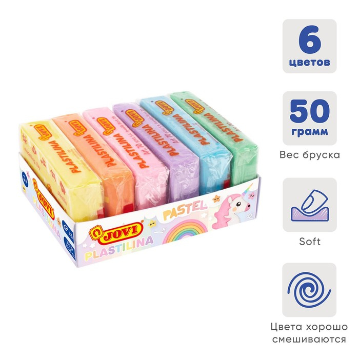 Пластилин на растительной основе 6 цветов, 300 г, JOVI, пастельная палитра. картон, ДЛЯ МАЛЫШЕЙ Пластилин на растительной основе 6 цветов, 300 г, JOVI, пастельная палитра. картон, ДЛЯ МАЛЫШЕЙ