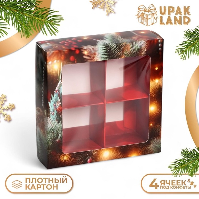 Новый год. Коробка под 4 конфеты  Новый год. Коробка под 4 конфеты "Новогодняя Елка", 12,6 х 12,6 х 3,7 , кондитерская упаковка