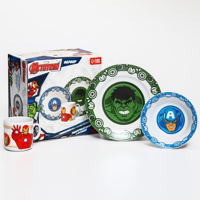 Набор посуды из керамики, 3 предмета: тарелка Ø 16,5 см, миска Ø 14 см, кружка 200 мл, Набор посуды из керамики, 3 предмета: тарелка Ø 16,5 см, миска Ø 14 см, кружка 200 мл, "Мстители", Марвел
