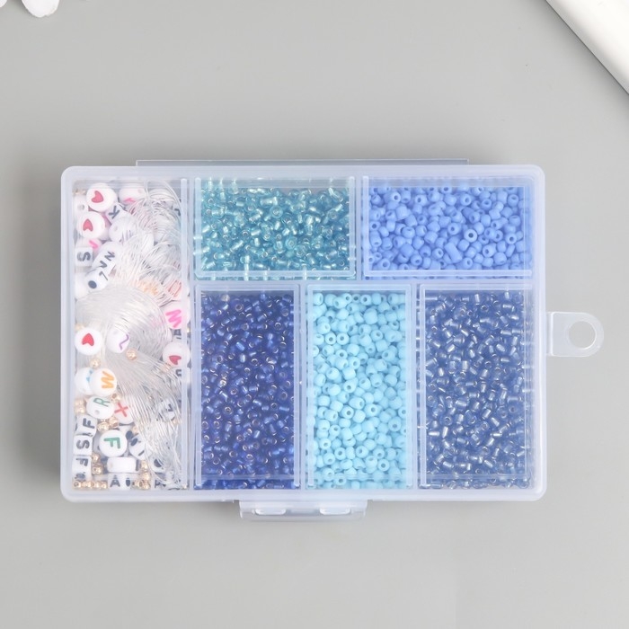 Бисер стекло 8/0 в шкатулке  Бисер стекло 8/0 в шкатулке "Синий" бусины + нить 0,8 мм 5 м 12х8,4х2,2 см
