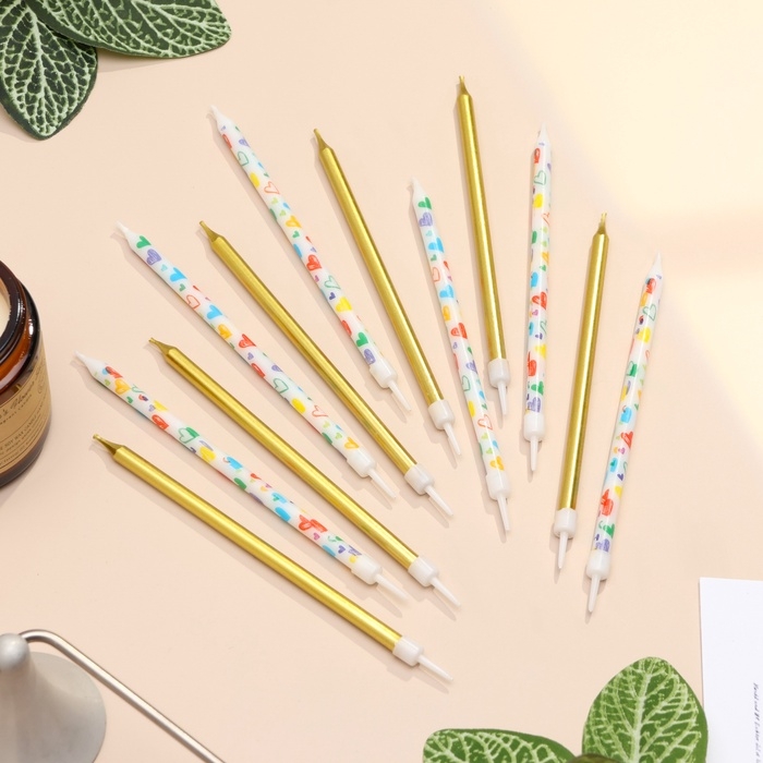 Свечи для торта Свечи для торта "Сердца", 12 шт, золотые и белые