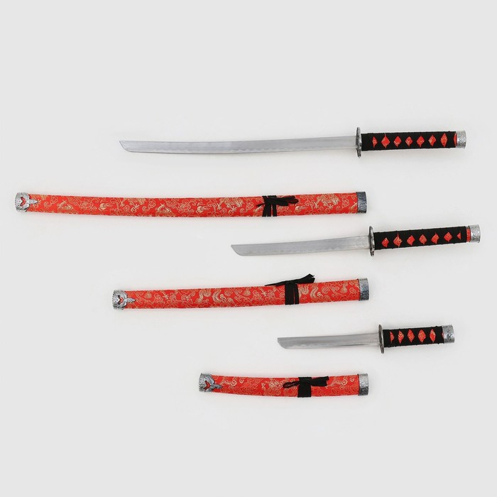 Сув. изделие катаны 3в1 на подставке, ножны кожзам, цветы на красном  47/70/89см