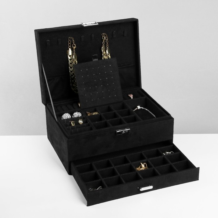 Подставка для украшений «Шкатулка» 2-х уровневая, флок, 24,5×17×12 см, цвет чёрный Подставка для украшений «Шкатулка» 2-х уровневая, флок, 24,5×17×12 см, цвет чёрный